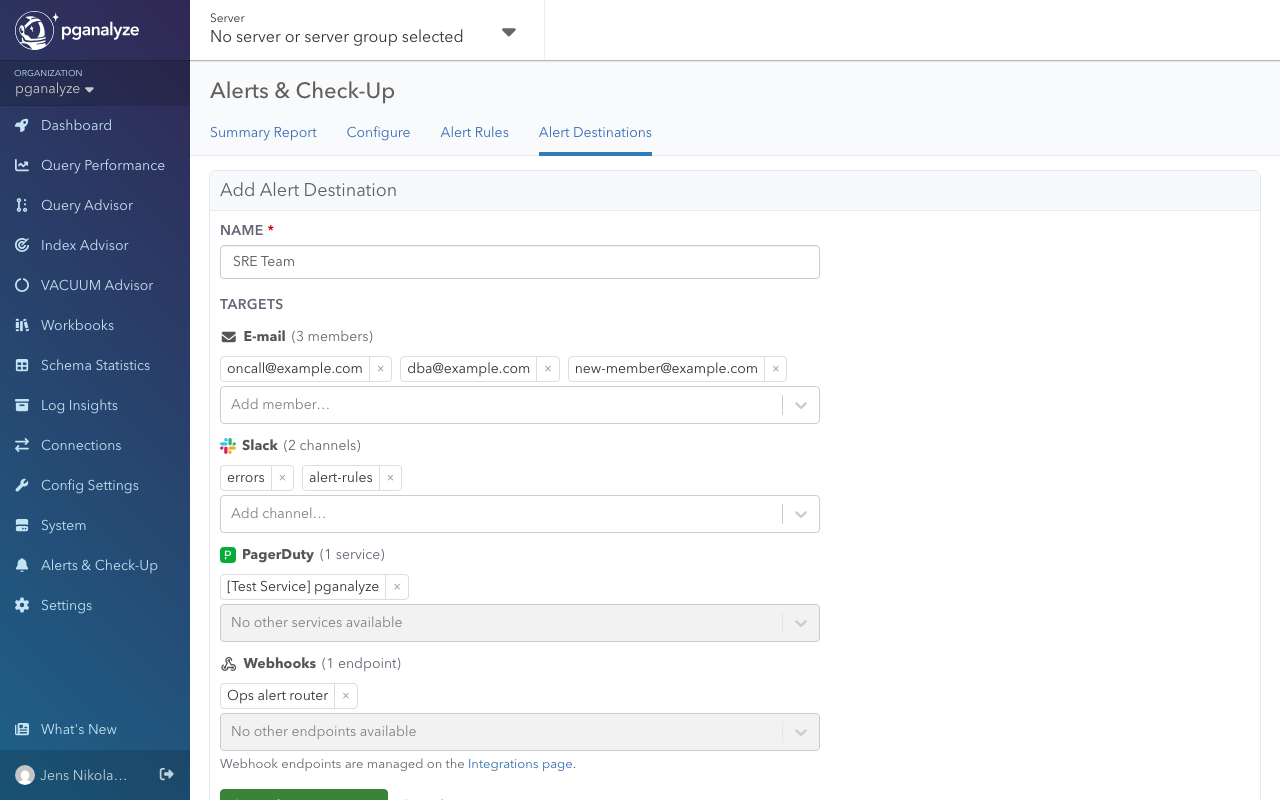 Alert Destination editor with E-mail, Slack, PagerDuty, and webhook targets