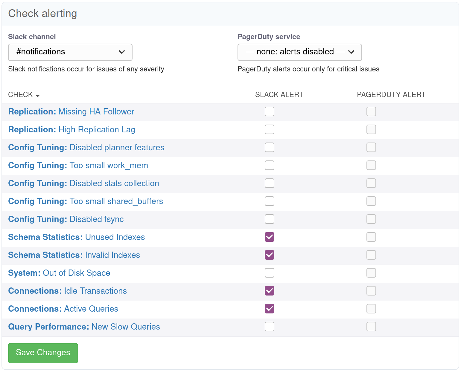 Screenshot of Server Alerting configuration