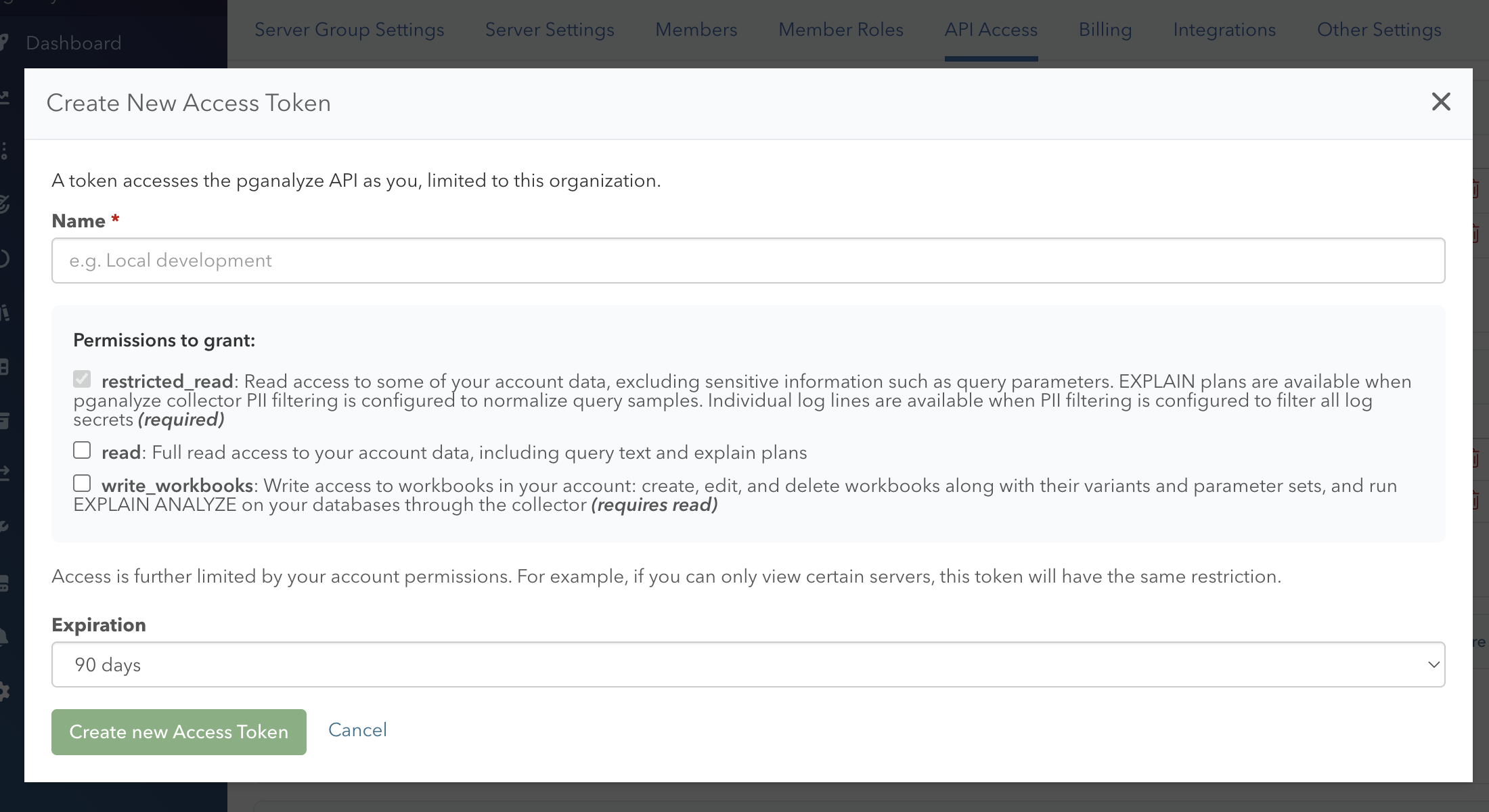 Create New Access Token dialog on the API Access settings page