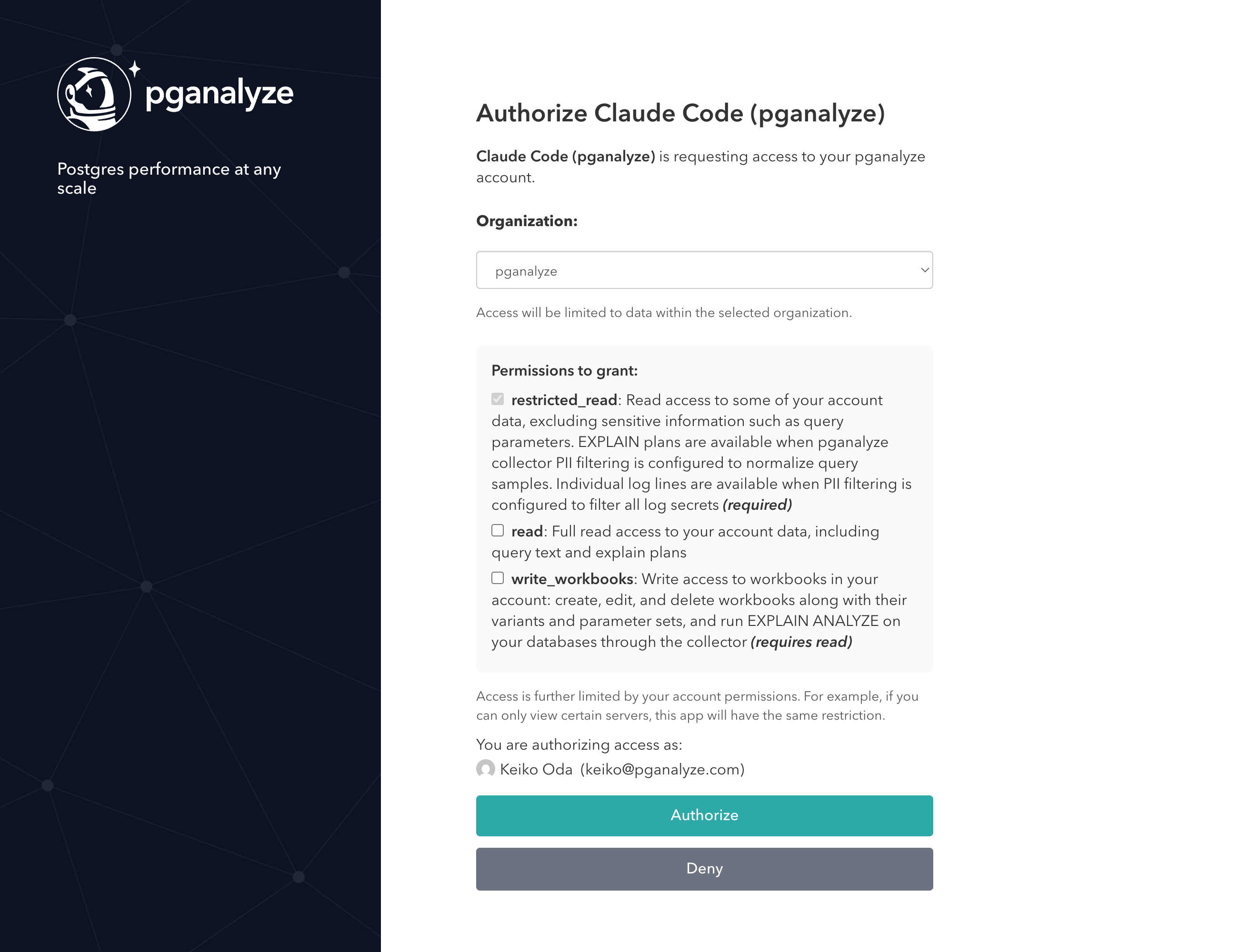 OAuth authorization prompt when connecting to the pganalyze MCP server