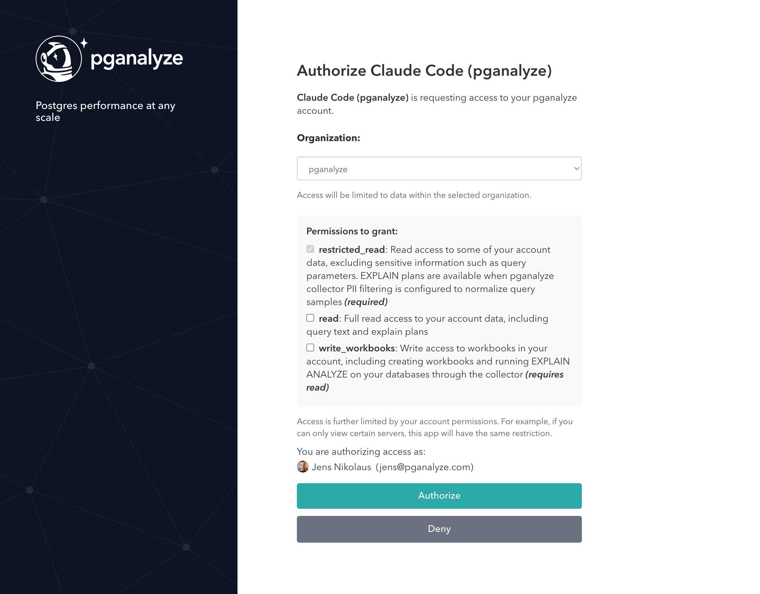 OAuth authorization prompt when connecting to the pganalyze MCP server