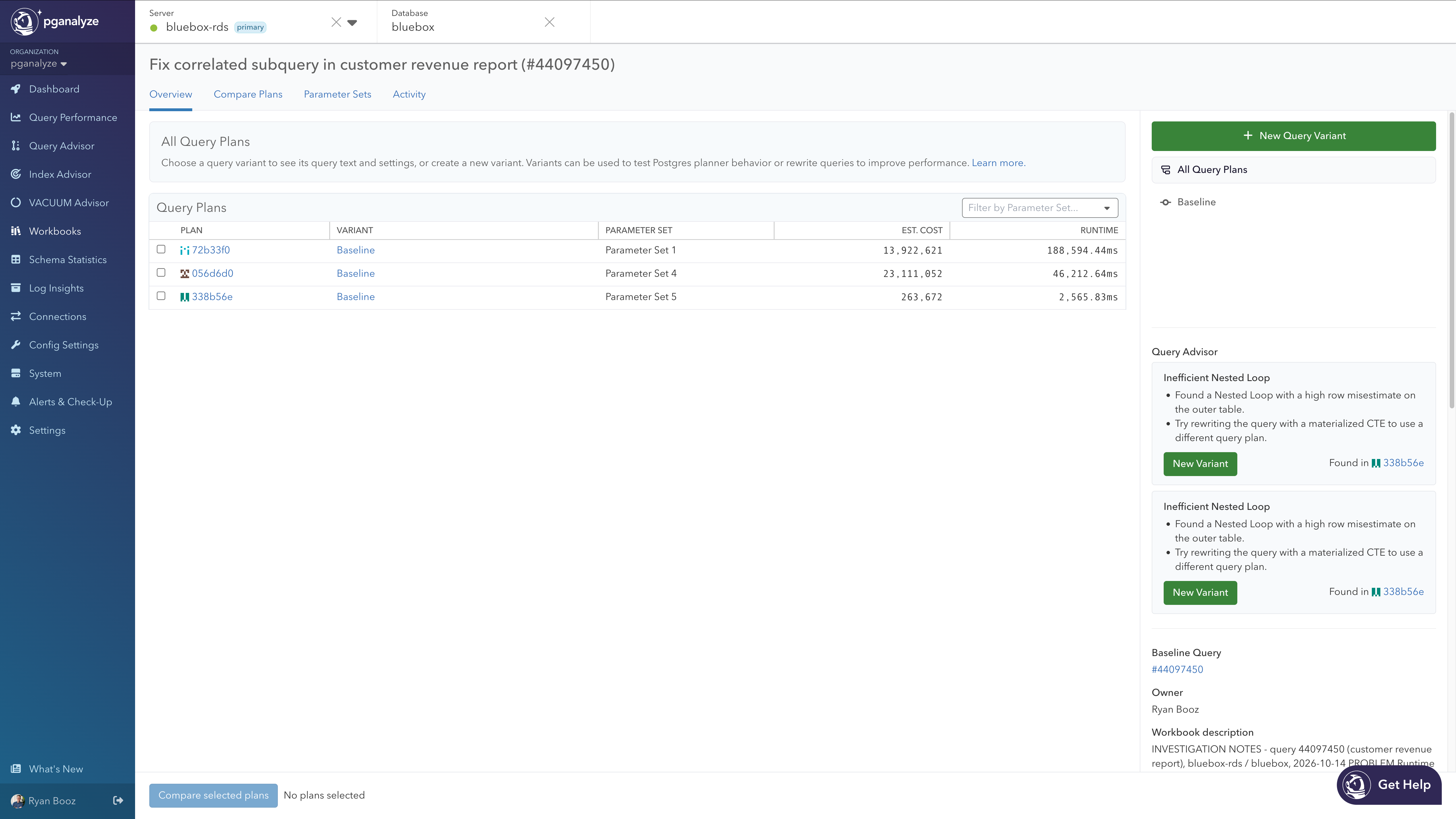 The Workbooks UI in pganalyze showing the creation of the baseline with runtime metrics and explain plans