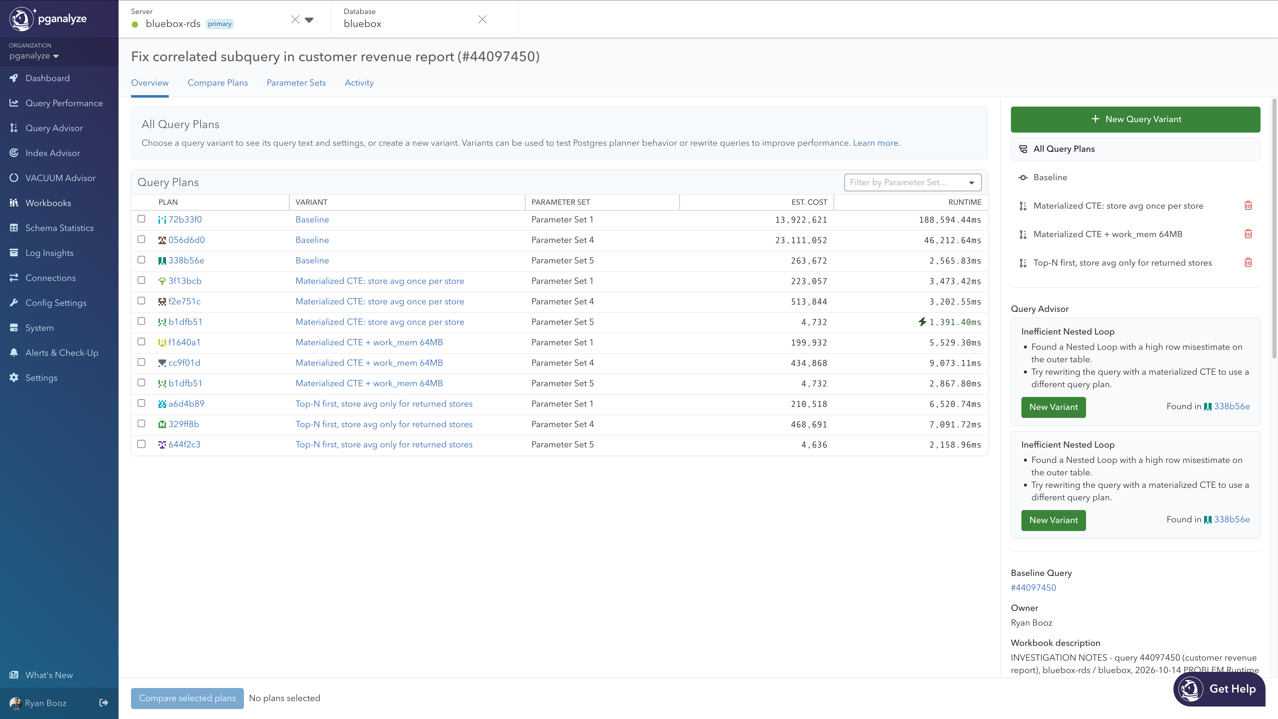 The Workbooks UI in pganalyze showing the creation all variants with runtime metrics and explain plans