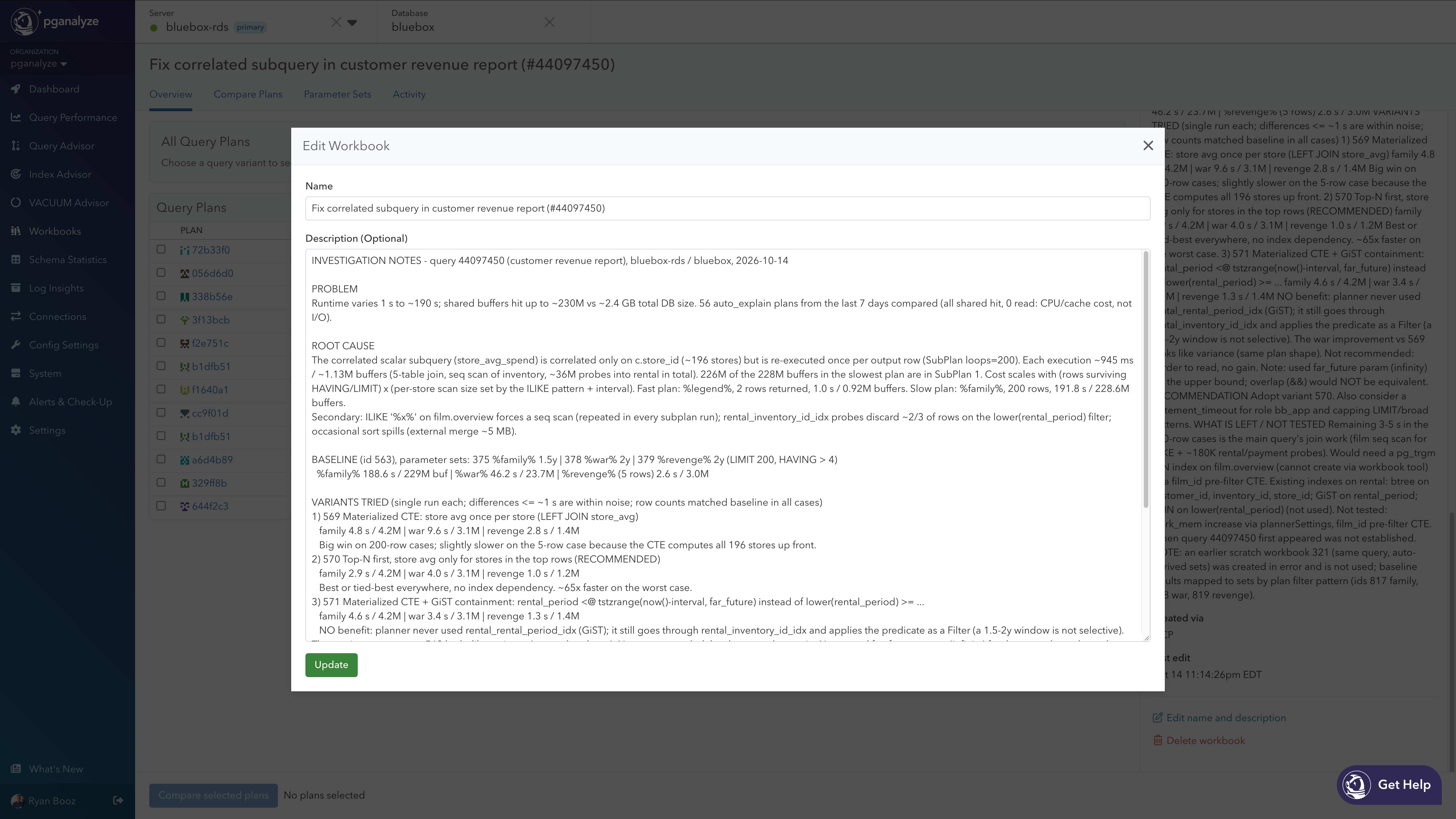 Claude maintains a running list of what has been tried and what it still wants to investigate using the Workbook description field