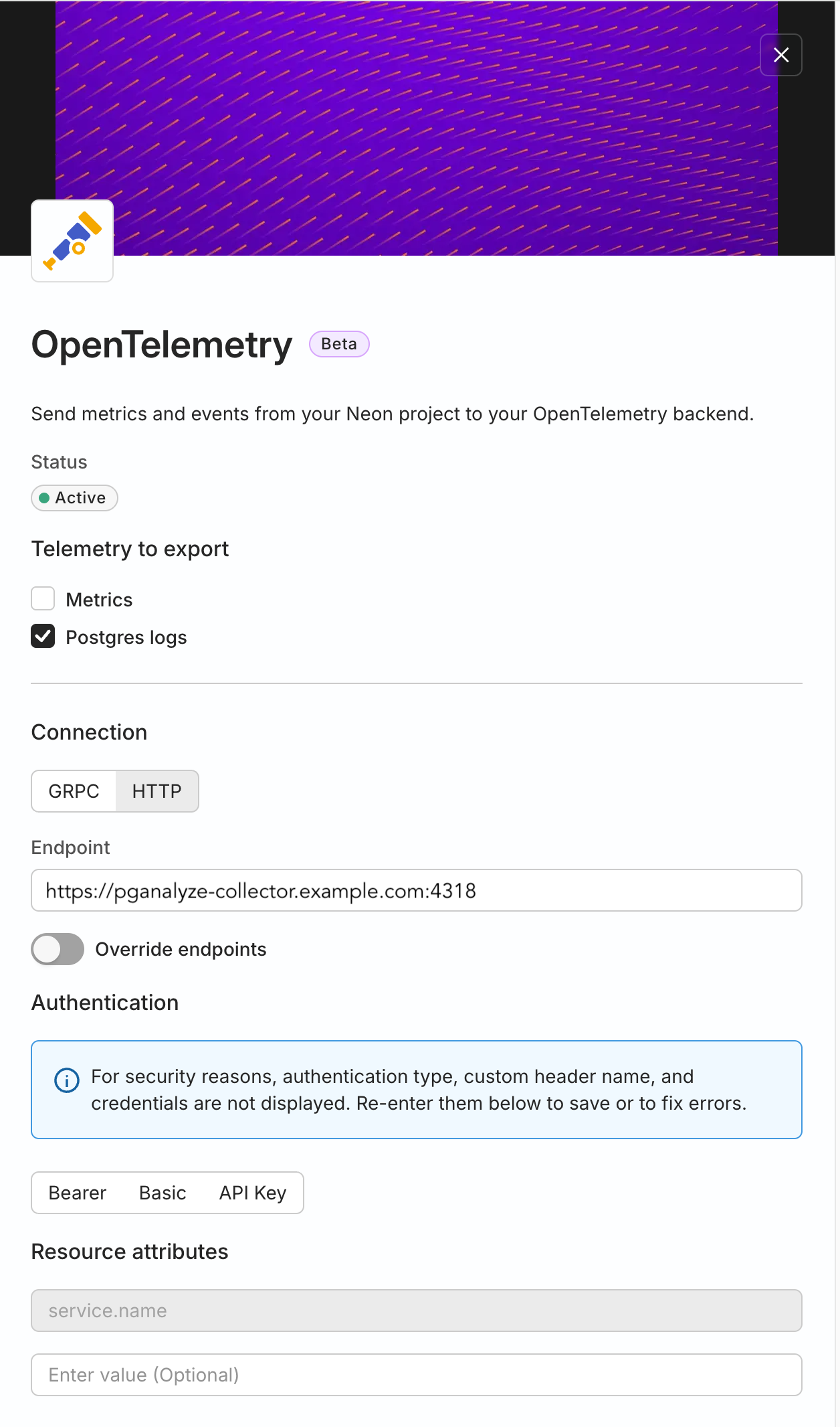 Neon OTLP Settings