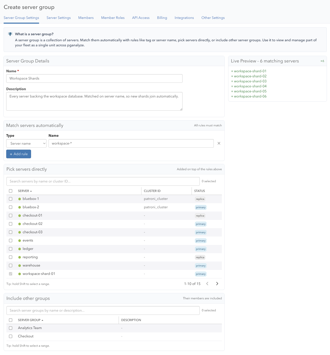 Server Group create flow with a rule-based match on server name