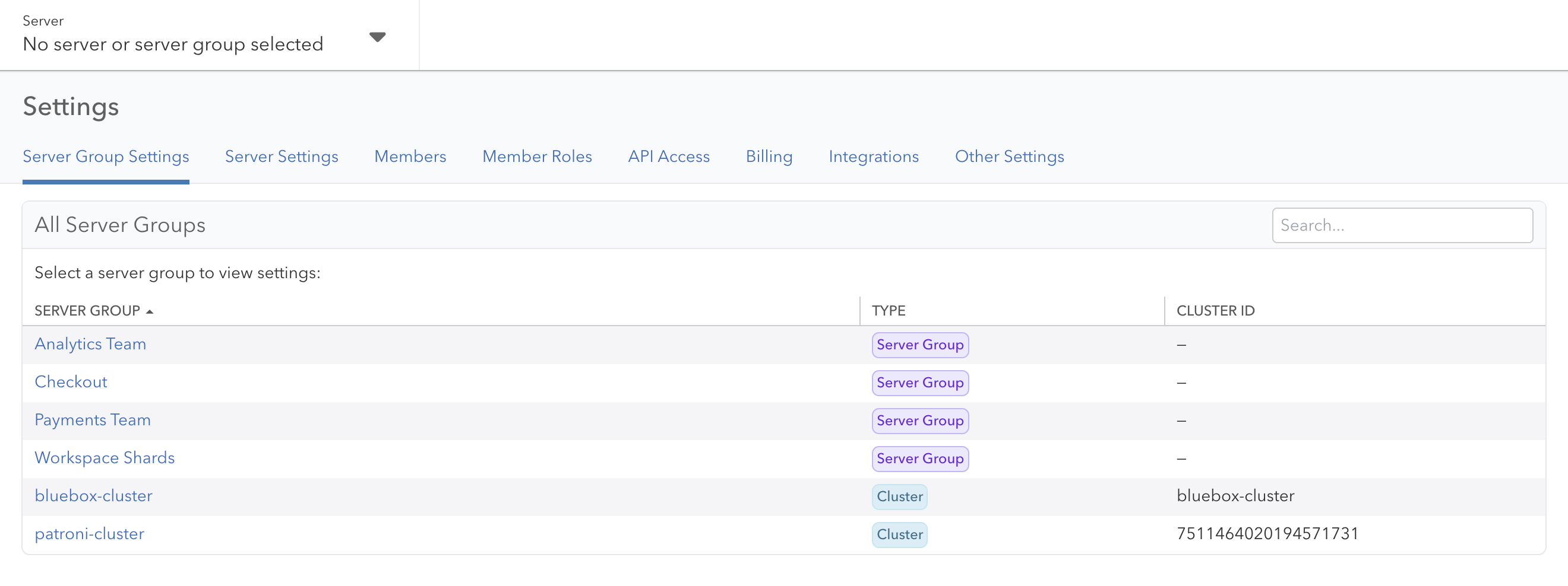 Server Group Settings lists every group in the organization, with its type and cluster ID