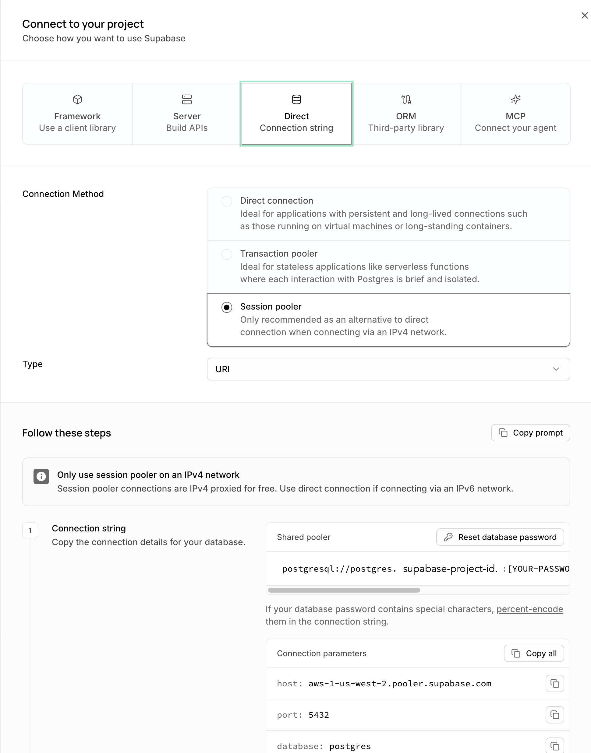 Supabase connection details showing the Session pooler option