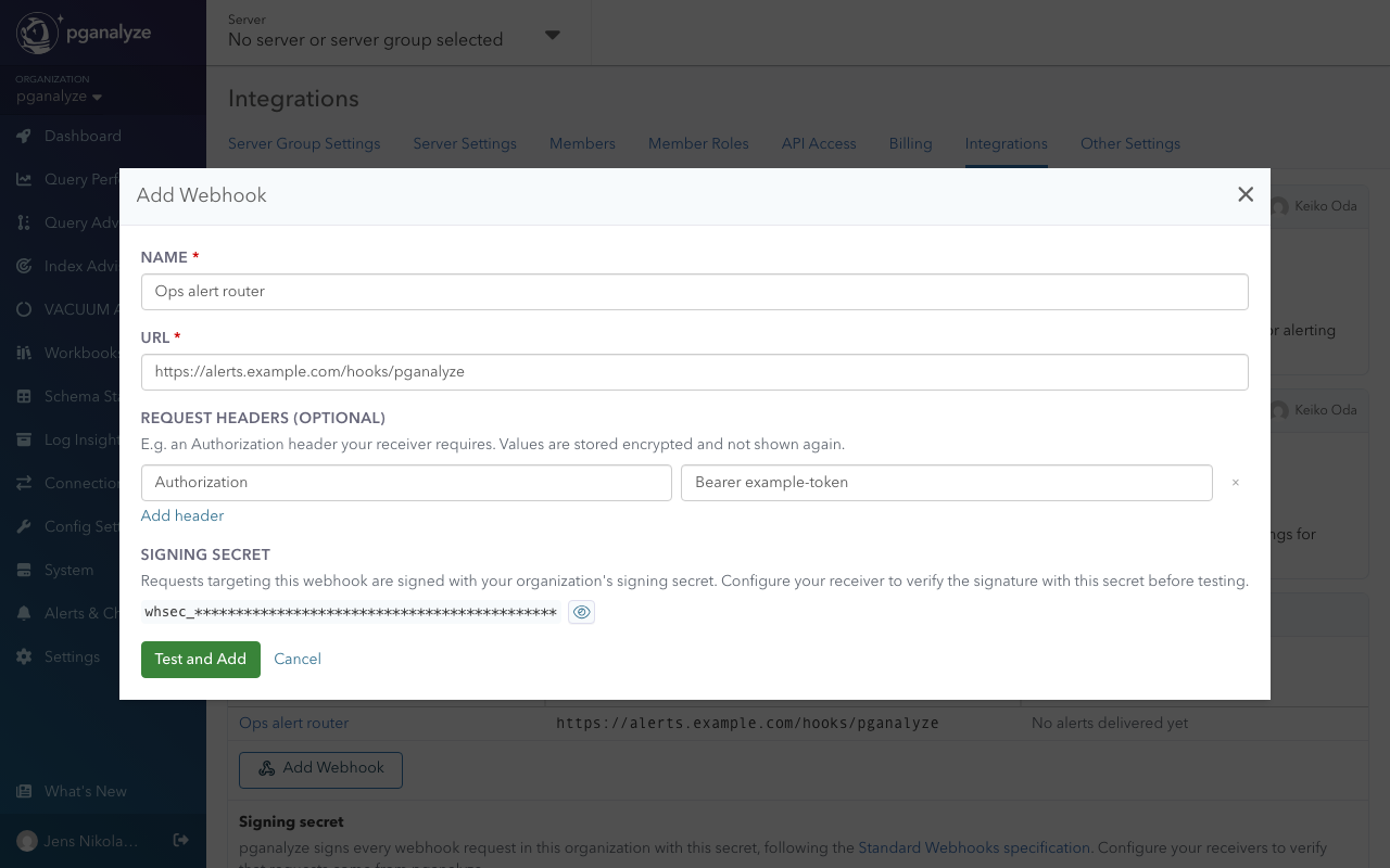 Add Webhook dialog with name, URL, request headers, and signing secret