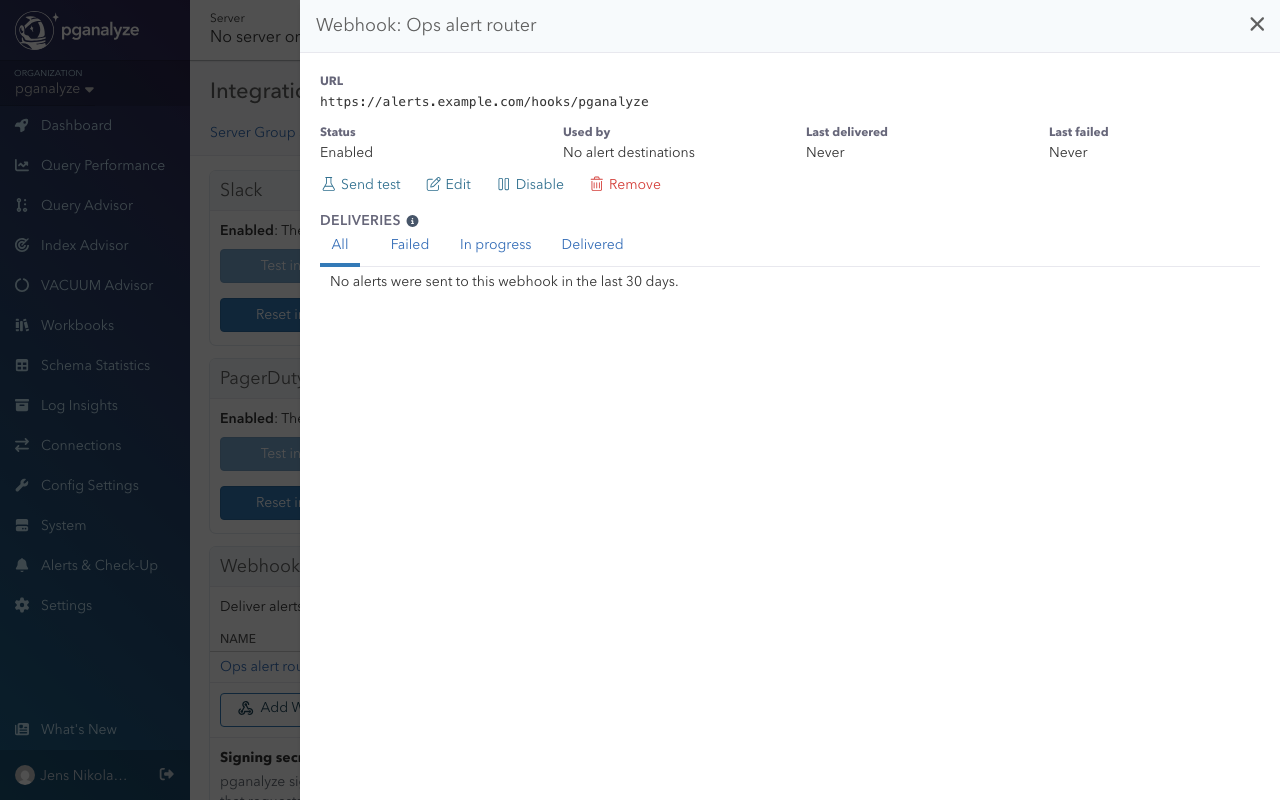 Webhook details with actions and deliveries