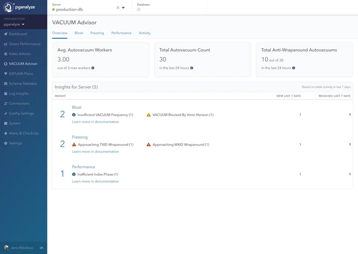 Screenshot of pganalyze VACUUM Advisor overview