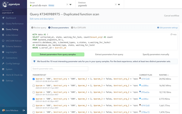 Screenshot of pganalyze Query Tuning Workbooks parameter sets selection