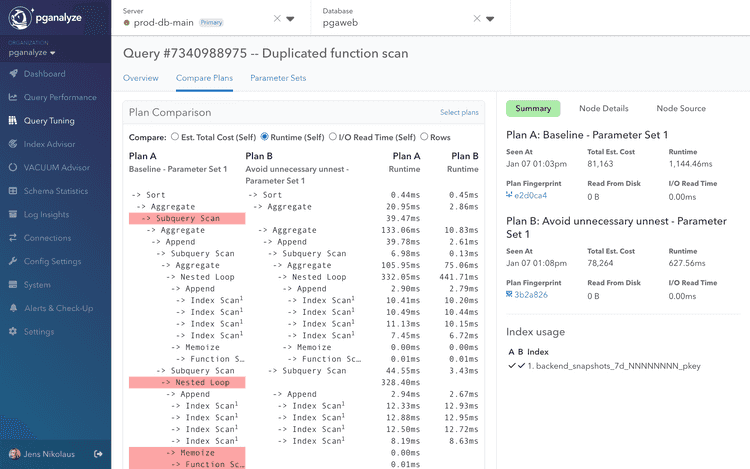 Screenshot of Plan Comparison view