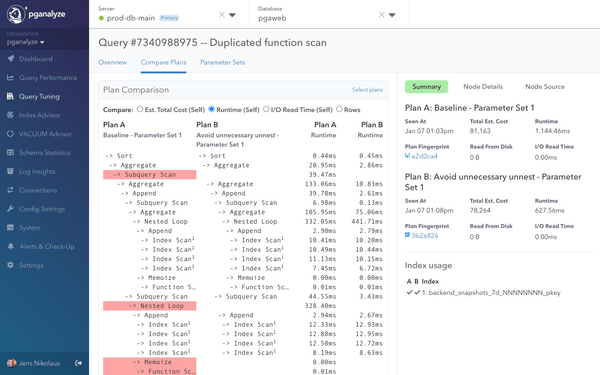 Screenshot of pganalyze Query Tuning Workbooks plan comparison