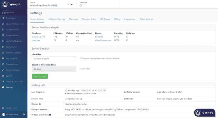 Server Settings Debug Info showing the Cluster ID