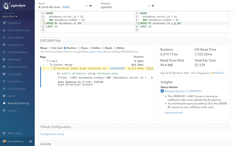 EXPLAIN Plan panel showing execution plan visualization with highlighted optimization opportunities and bottlenecks