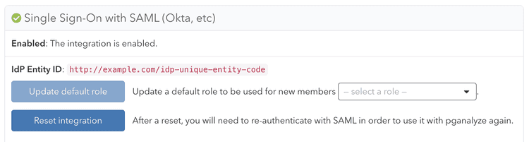Screenshot of pganalyze SAML integration with Reset Integration button