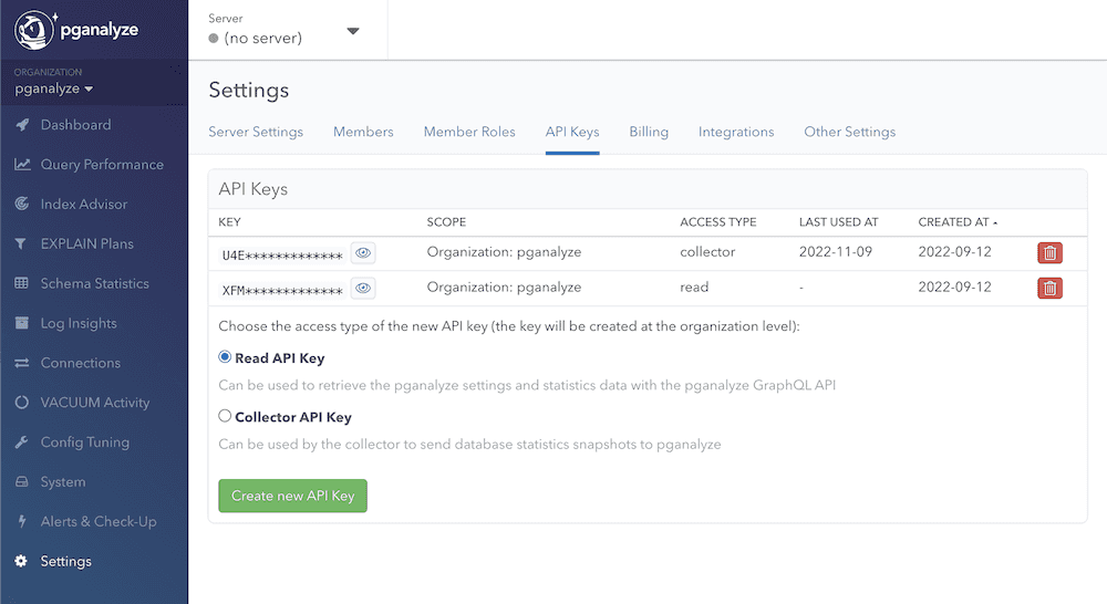 API Creating An API Key Pganalyze