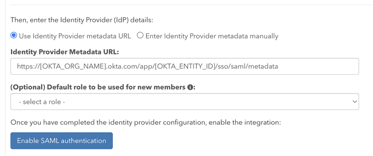 Screenshot of pganalyze SAML integration page showing Okta IDP metadata URL