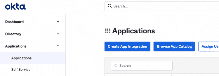 Screenshot of Okta admin panel showing Create App integration button