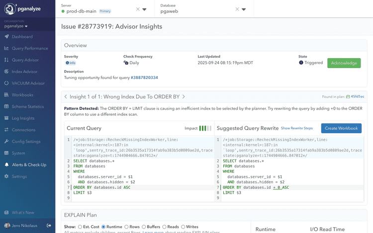 Issue page for Query Advisor Insight
