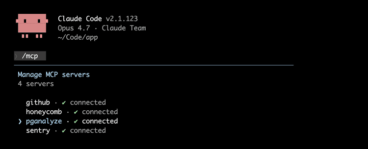 Screenshot of Claude Code's /mcp panel showing pganalyze connected
