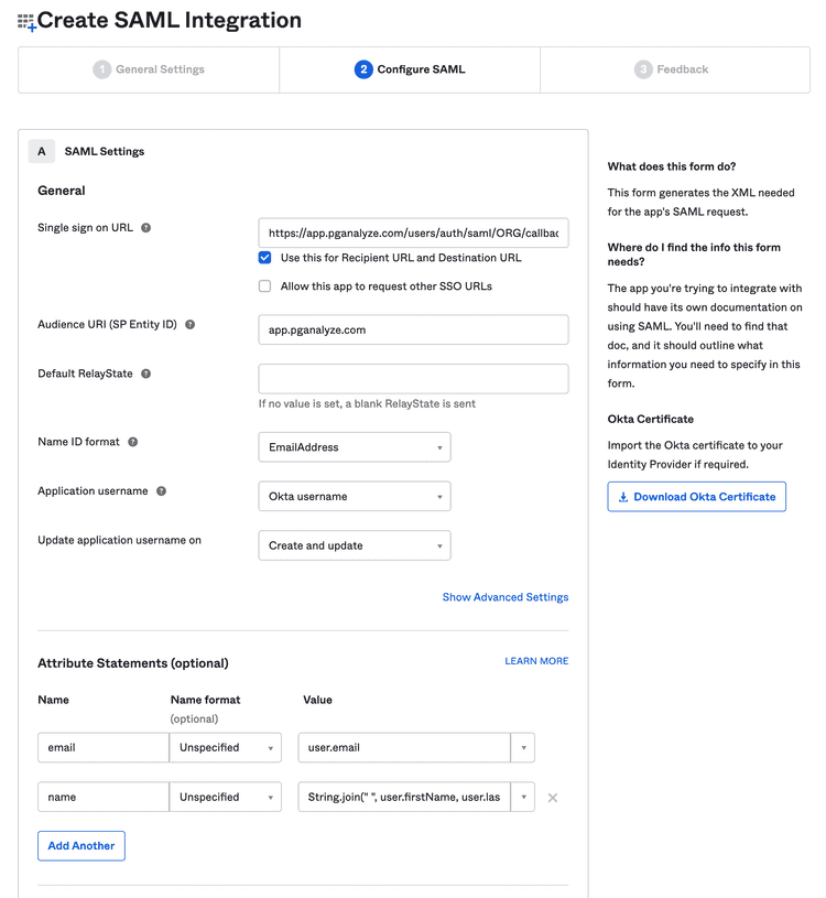 Screenshot of Configure SAML step