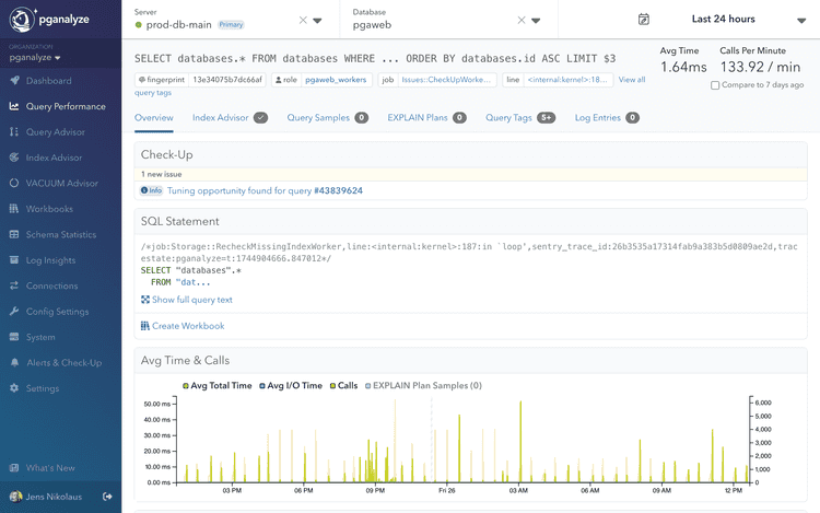 Query detail page showing Query Advisor insights integrated with performance metrics and optimization recommendations
