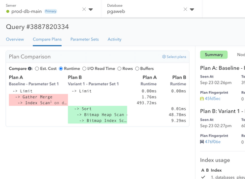 Screenshot of comparison feature in pganalyze Workbooks