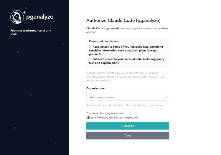OAuth authorization prompt when connecting to the pganalyze MCP server