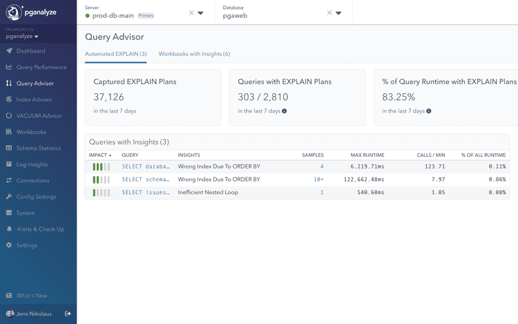 Query Advisor landing page showing automated EXPLAIN plan analysis with detected optimization opportunities