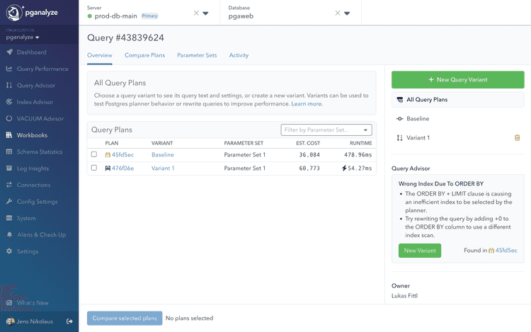 Workbooks interface showing Query Advisor sidebar with optimization insights and suggested query rewrites