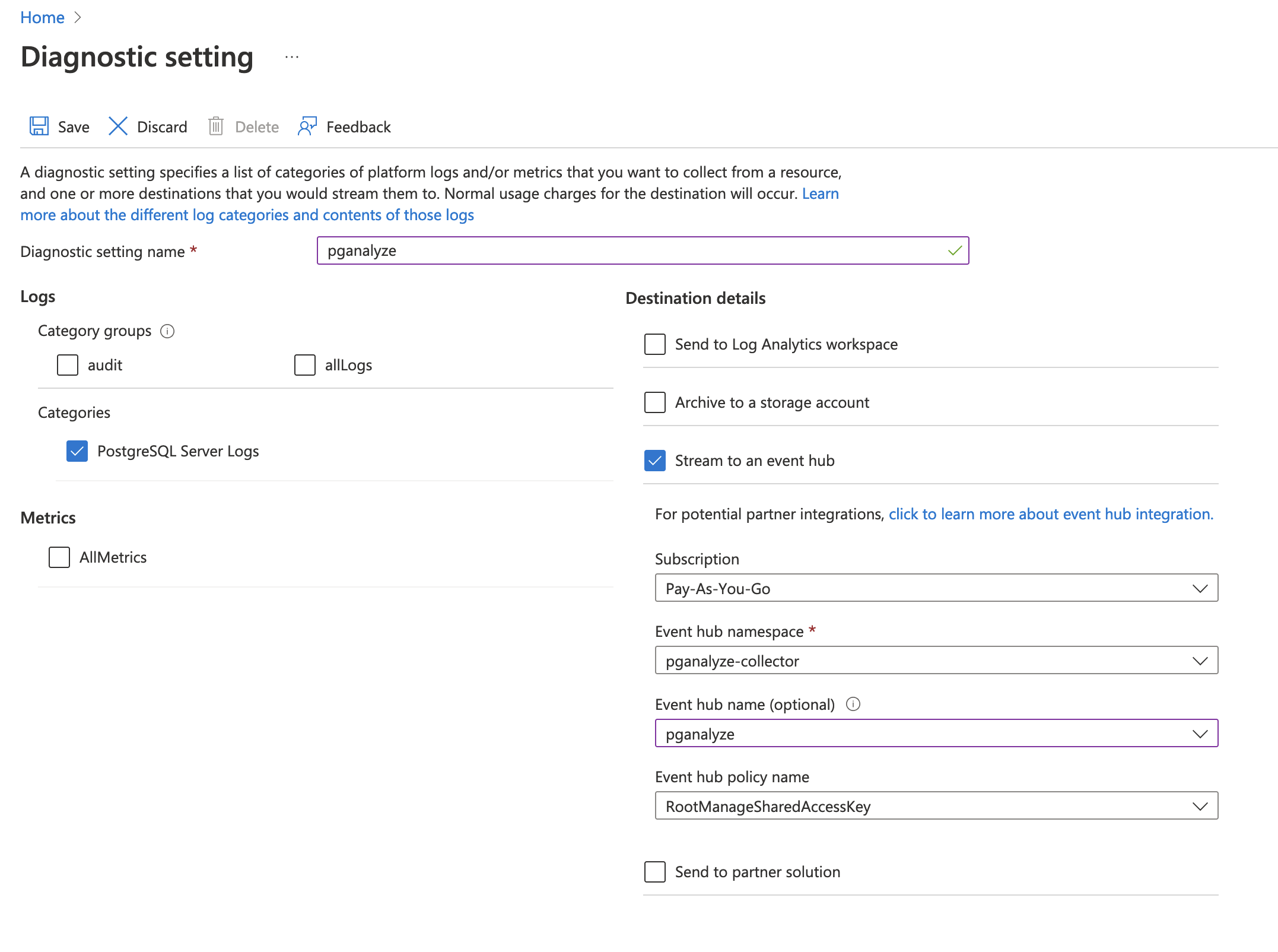 Screenshot of adding PostgreSQL Diagnostic Setting in Azure Portal