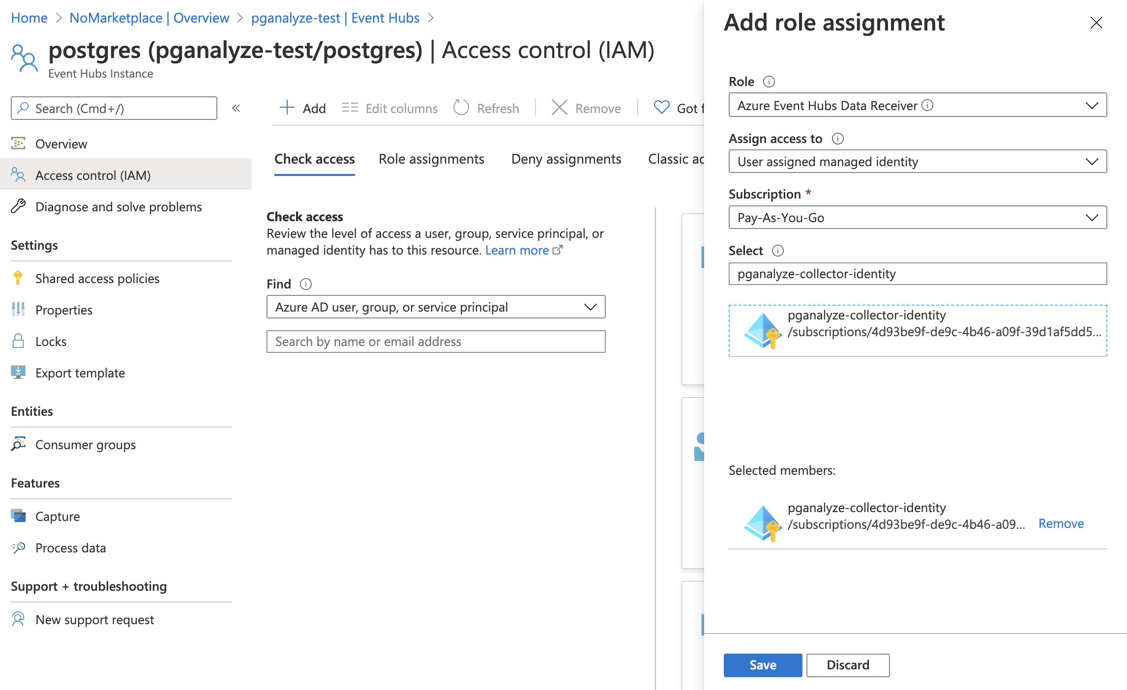 Screenshot of adding Azure Event Hubs Data Receiver Permission to Managed Identity in Azure Portal