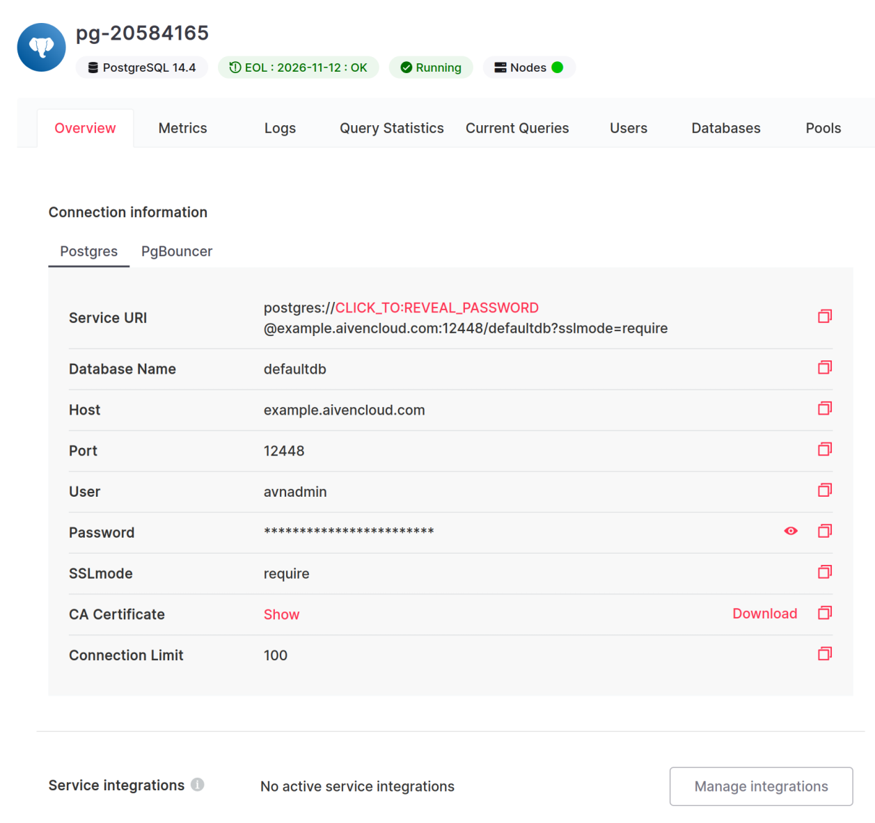 Aiven database settings screenshot