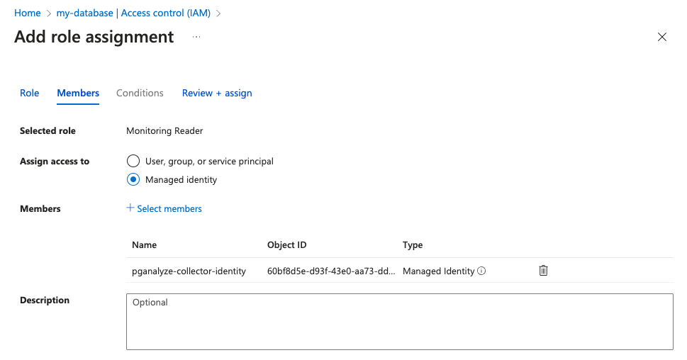 Screenshot of adding role assignment to the DB instance in Azure Portal 2