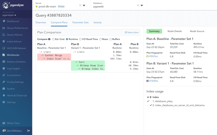 Workbooks plan comparison showing performance improvements between baseline and optimized query variants