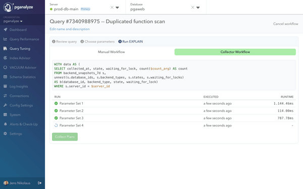 Screenshot of pganalyze Query Tuning Workbooks collector run