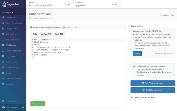 Workbooks variant editor for applying Query Advisor insights to create optimized query versions