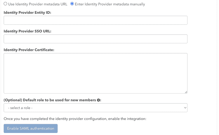 Screenshot of pganalyze SAML integration form for the IdP metadata details