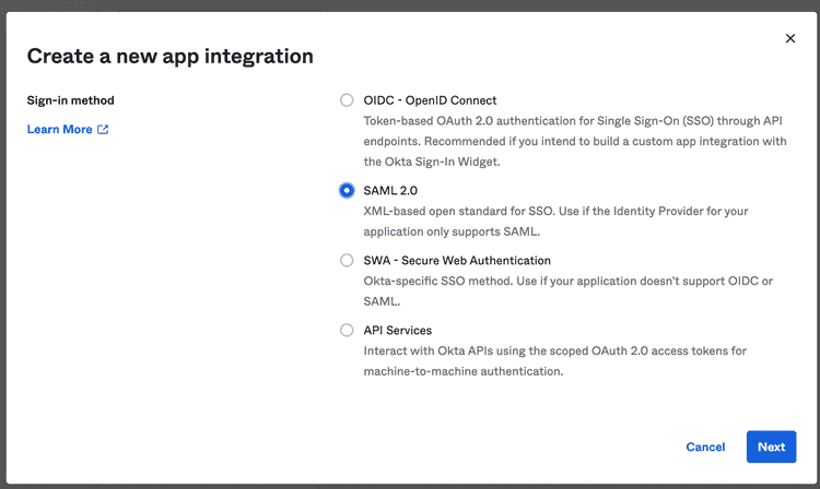 Screenshot of Create App integration SAML selection