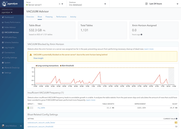 Screenshot of pganalyze VACUUM Advisor Bloat Recommendations