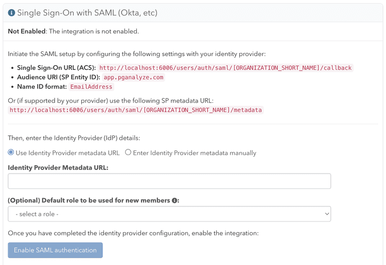 Screenshot of pganalyze SAML integration setup page