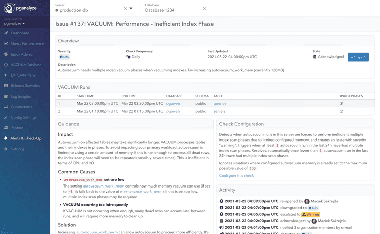 Screenshot of pganalyze VACUUM Advisor insight that detects multiple index phases in VACUUM