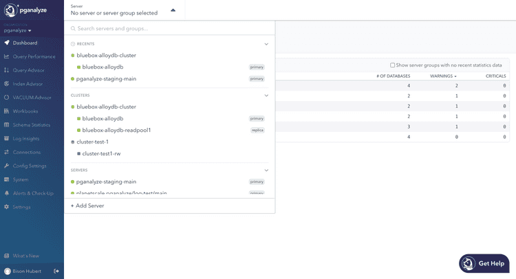 Server dropdown with clusters, primaries, and replicas