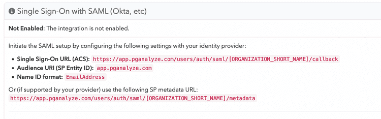 Screenshot of pganalyze SAML integration details showing ACS and Metadata URL