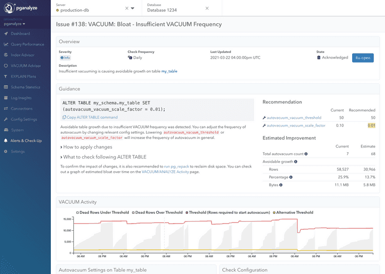 Screenshot of Insufficient VACUUM Frequency insight in pganalyze