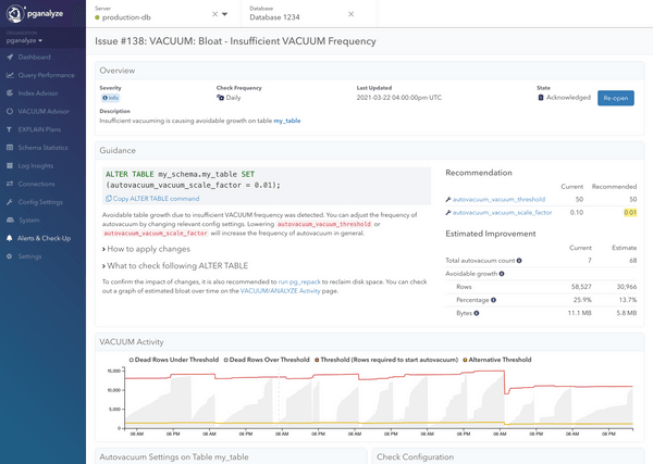 Screenshot of pganalyze Insufficient VACUUM Frequency Insight