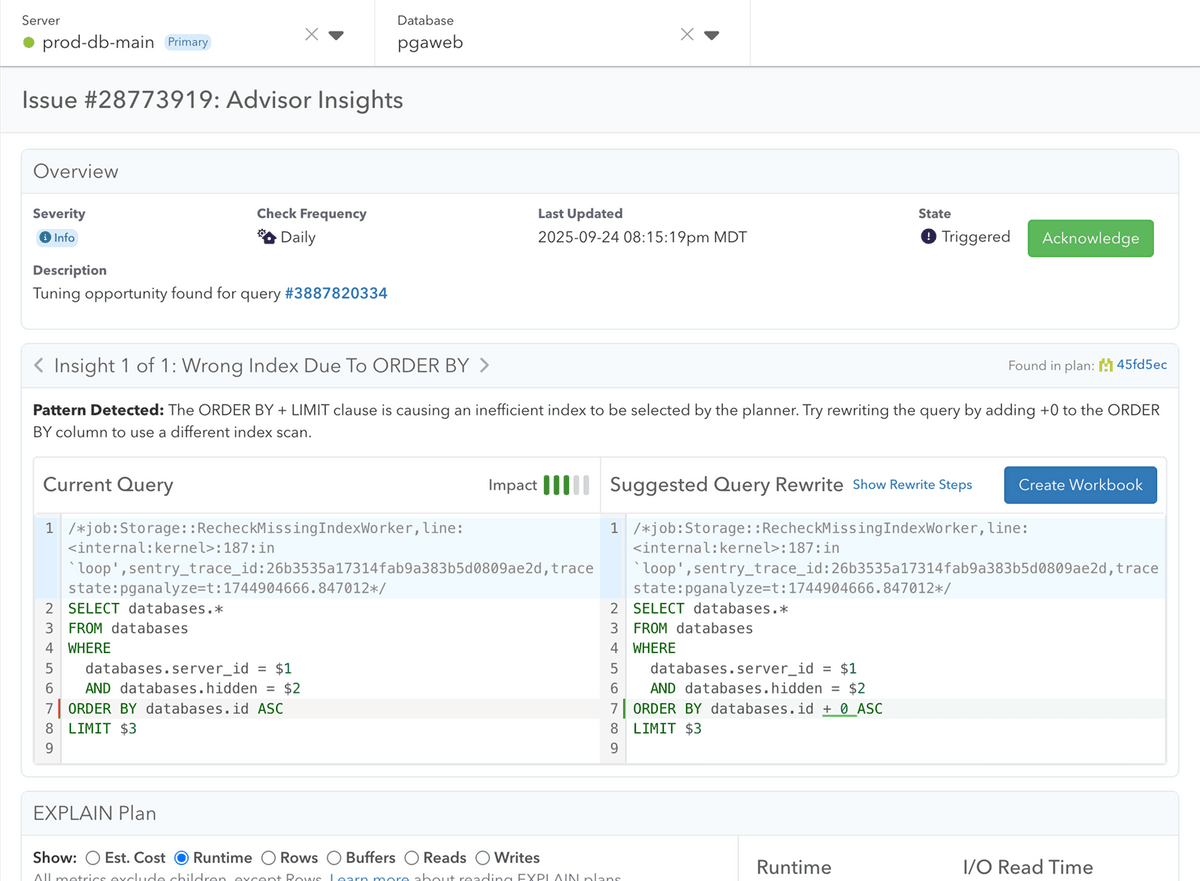 Screenshot of pganalyze Query Advisor insight
