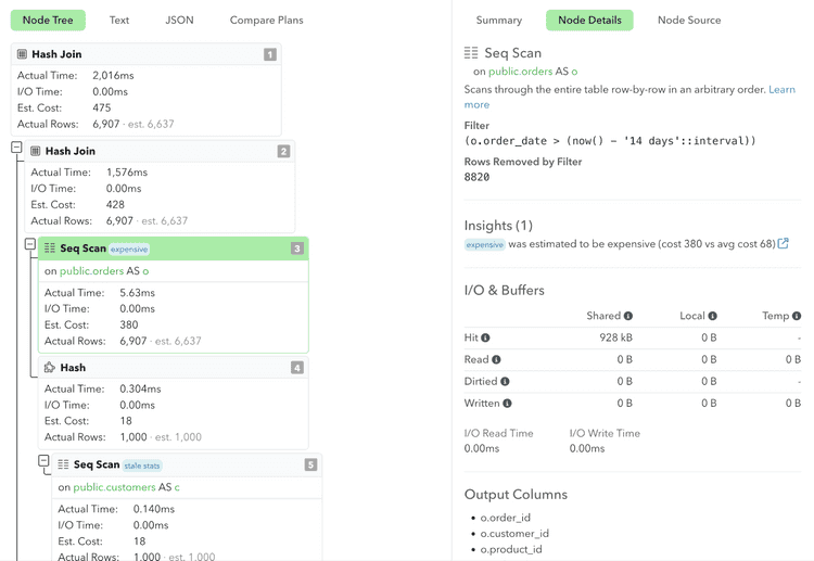 Screenshot of auto_explain plan details